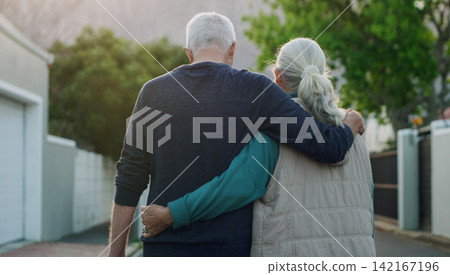 Senior couple, walk and hug in city, road and driveway of house for love, peace and support outdoor. Elderly people, freedom and retirement together in nature, environment or urban with back view Senior couple, walk and hug in city, road and driveway of house for love, peace and support outdoor. Elderly people, freedom and retirement together in nature, environment or urban with back view 142167196