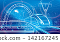Glowing futuristic high speed train traveling through a smart city with elevated railway, modern bridge, power lines and illuminated skyline. Vibrant blue technology illustration of future transportat 142167245