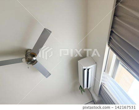 A view of the living room looking up at the air conditioner and ceiling. A view of the living room looking up at the air conditioner and ceiling. 142167531