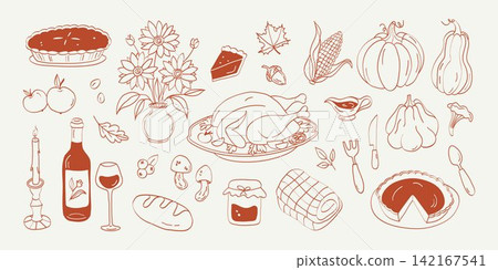 Hand drawn Thanksgiving vector set with turkey, pumpkins, pies, dahlias, candles, wine and autumn harvest elements in a warm terracotta palette and charming whimsical doodle outline style. Hand drawn Thanksgiving vector set with turkey, pumpkins, pies, dahlias, candles, wine and autumn harvest elements in a warm terracotta palette and charming whimsical doodle outline style. 142167541