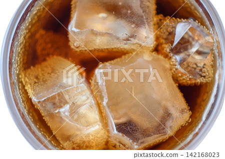 Overhead macro shot of carbonated soft drink with melting ice cubes Overhead macro shot of carbonated soft drink with melting ice cubes 142168023