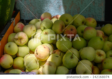 Fresh green apples piled high at a bustling farmer's market in early morning light Fresh green apples piled high at a bustling farmer's market in early morning light 142168074
