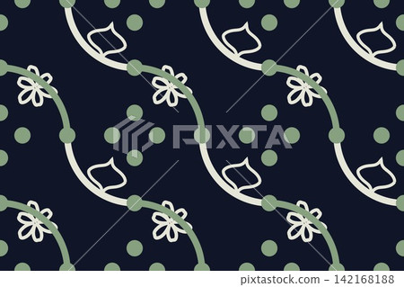 Modern botanical seamless tile, leaves and daisies in navy 142168188