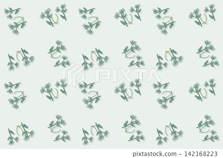 Seamless celadon pattern of rounded fern leaves and wildflowers Seamless celadon pattern of rounded fern leaves and wildflowers 142168223