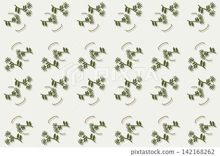 Modern botanical seamless tile, oval leaves and star flowers in green 142168262