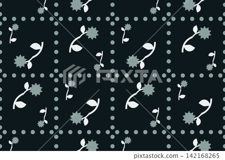 Seamless botanical pattern with slender leaves and roses in teal Seamless botanical pattern with slender leaves and roses in teal 142168265