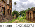 Street lined with stone ruins 142168278
