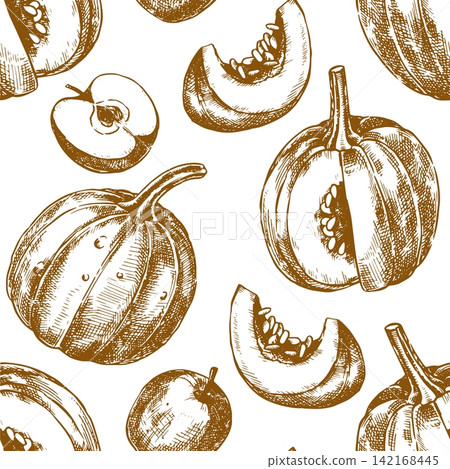 Seamless pattern of autumn pumpkins. Vintage sketch illustration. Thanksgiving print. 142168445