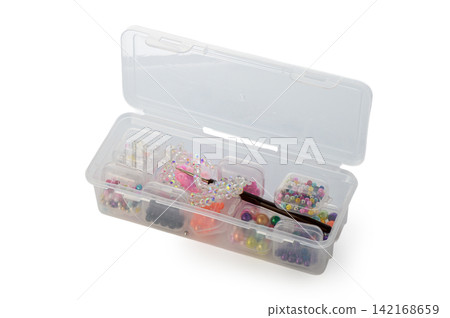 Colorful bead crafting kit filled with vibrant loose beads, organized neatly for creative projects 142168659