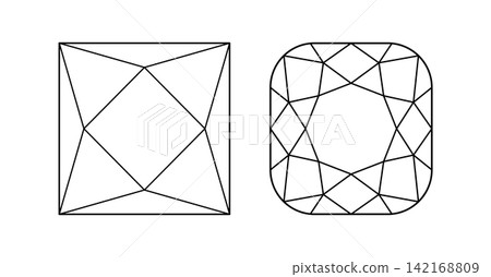 Princess, Cushion angular diamond cut shapes. Design flat diagram. Set of Brilliant angular Cushion, Princess cut icons. Gemstone outline pattern for jewellery design, branding, packaging, logotype. 142168809