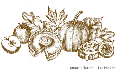 retro Thanksgiving composition of pumpkins, autumn leaves, and a pie. Sketch vector illustration. retro Thanksgiving composition of pumpkins, autumn leaves, and a pie. Sketch vector illustration. 142168972