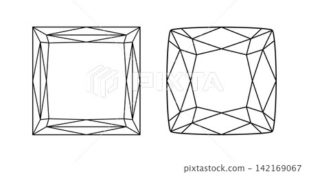 Cushion, Princess diamond cut shapes samples. Design flat diagram layouts. Princess, Cushion brilliant cuts templates set. Gemstone outline icons for jewellery design, branding, packaging, logotype. 142169067