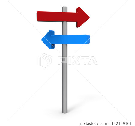Red and Blue Signpost Arrows Pointing Opposite Ways Red and Blue Signpost Arrows Pointing Opposite Ways 142169161