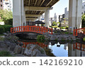A riverside park and a red pedestrian bridge in Tokyo. 142169210