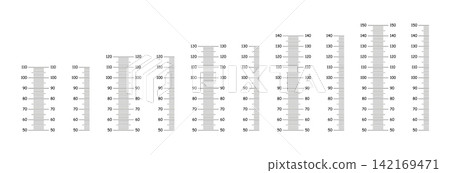 Flat height charts from 50 to 110, 120, 130, 140, 150 centimeters. Flat layout for wall growth sticker, template. Set of Meter wall, growth black ruler sample. Flat height charts from 50 to 110, 120, 130, 140, 150 centimeters. Flat layout for wall growth sticker, template. Set of Meter wall, growth black ruler sample. 142169471