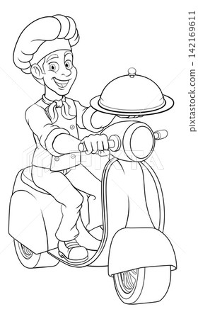 Chef Food Delivery Scooter Moped Motorcycle Mascot 142169611