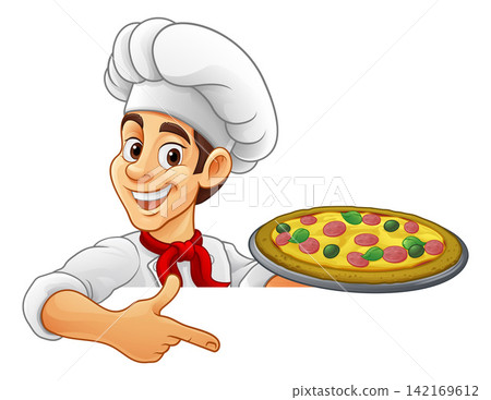 Chef Pizza Cook Serving Plate Cartoon Man Pointing Chef Pizza Cook Serving Plate Cartoon Man Pointing 142169612