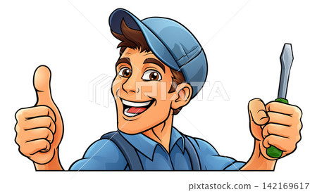 Electrician Handyman Screwdriver Cartoon Mascot Electrician Handyman Screwdriver Cartoon Mascot 142169617
