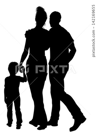 Silhouette Couple Parents Walking With Child Silhouette Couple Parents Walking With Child 142169655