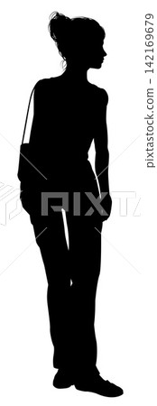 Silhouette Standing Young Woman with Handbag Silhouette Standing Young Woman with Handbag 142169679