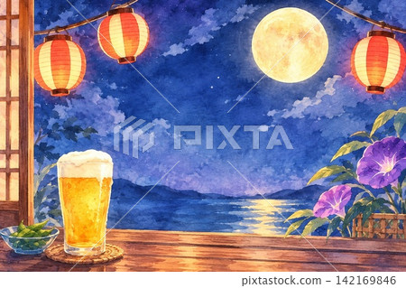 Beer, edamame, and Western beer at a cafe with an ocean view. Beer, edamame, and Western beer at a cafe with an ocean view. 142169846