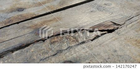 Old badly cracked wooden plank with rusty nails Old badly cracked wooden plank with rusty nails 142170247