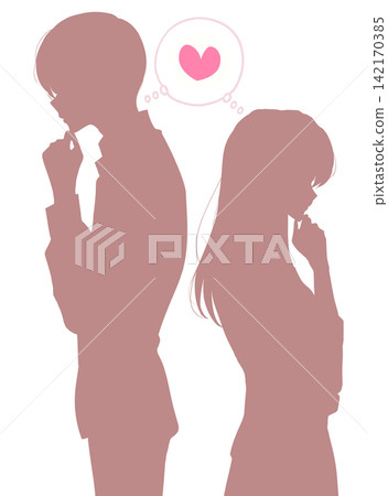 A man and a woman, back to back, contemplating love; silhouettes. A man and a woman, back to back, contemplating love; silhouettes. 142170385