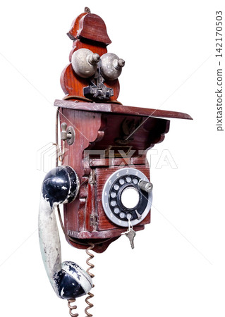 Top view of An antique wall-mounted telephone, focus selective Top view of An antique wall-mounted telephone, focus selective 142170503
