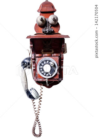 Top view of An antique wall-mounted telephone, focus selective 142170504