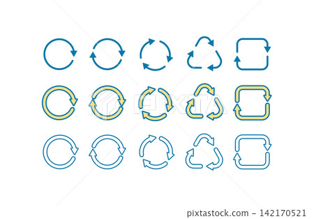 Eco-sustainable basic icon set (recycling) - blue and yellow Eco-sustainable basic icon set (recycling) - blue and yellow 142170521