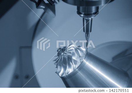 Turbocharger parts cutting process on 5 axis CNC milling machine using taper ball nose tool in light blue tone Turbocharger parts cutting process on 5 axis CNC milling machine using taper ball nose tool in light blue tone 142170551