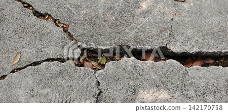 Cracked concrete pavement with fallen autumn leaves. 142170758