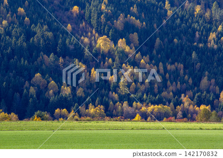 Mountain landscape in the autumn season. View from Hirt, in the Gurktal Valley, Carinthia, Austria Mountain landscape in the autumn season. View from Hirt, in the Gurktal Valley, Carinthia, Austria 142170832