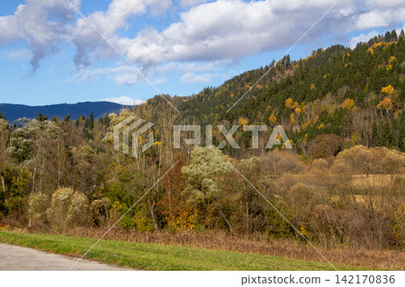 Mountain landscape in the autumn season. View from Hirt, in the Gurktal Valley, Carinthia, Austria Mountain landscape in the autumn season. View from Hirt, in the Gurktal Valley, Carinthia, Austria 142170836
