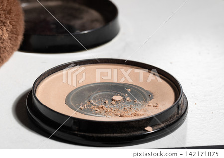Used makeup compact with end-of-use powder and exposed pan for shelf-life education Used makeup compact with end-of-use powder and exposed pan for shelf-life education 142171075