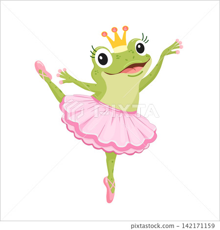 Cute ballerina frog in pink tutu and crown dancing ballet, vector illustration. 142171159