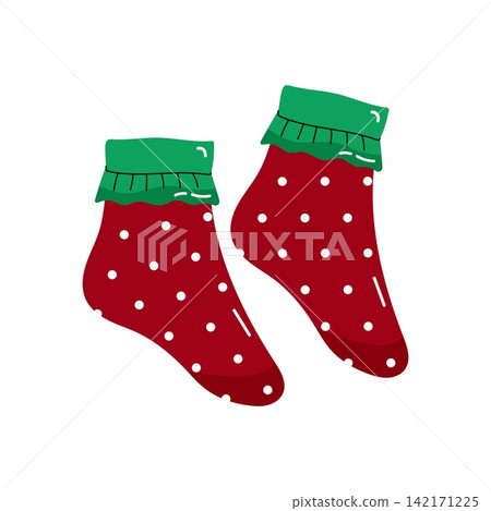 Cute red polka dot socks with green ruffle hanging on clothesline vector illustration Cute red polka dot socks with green ruffle hanging on clothesline vector illustration 142171225