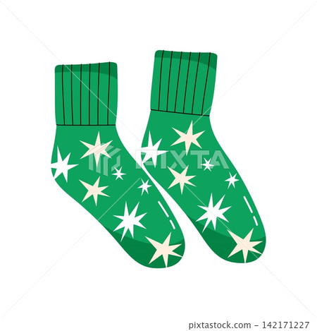 Cute green socks with white stars pattern hanging on clothesline vector illustration 142171227