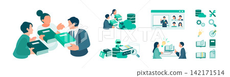 Conceptual illustration set for eliminating reliance on individual employees and knowledge management; internal AI search and data governance. Conceptual illustration set for eliminating reliance on individual employees and knowledge management; internal AI search and data governance. 142171514