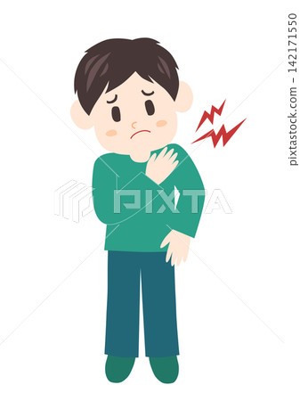 一名肩膀僵硬的男子將手放在肩膀上。 一名肩膀僵硬的男子將手放在肩膀上。 142171550