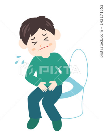 A man sitting on the toilet, clutching his stomach in pain. A man sitting on the toilet, clutching his stomach in pain. 142171552