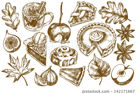 Vintage Thanksgiving set of pumpkins, autumn leaves, and a pie. Sketch vector illustration. Vintage Thanksgiving set of pumpkins, autumn leaves, and a pie. Sketch vector illustration. 142171667