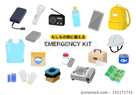 災害防備物資和緊急用品的簡單圖示。 災害防備物資和緊急用品的簡單圖示。 142171735