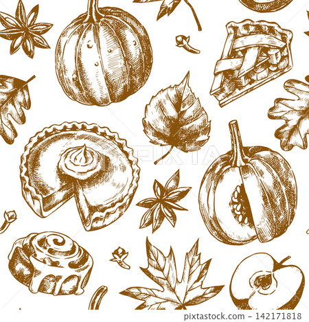 retro seamless Thanksgiving pattern. Sketch illustration of pumpkin, pie, and autumn leaves. retro seamless Thanksgiving pattern. Sketch illustration of pumpkin, pie, and autumn leaves. 142171818