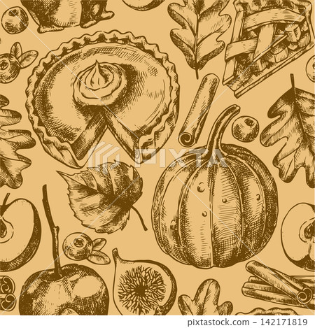 Vintage seamless Thanksgiving pattern. Sketch illustration of pumpkin, pie, and autumn leaves. Vintage seamless Thanksgiving pattern. Sketch illustration of pumpkin, pie, and autumn leaves. 142171819