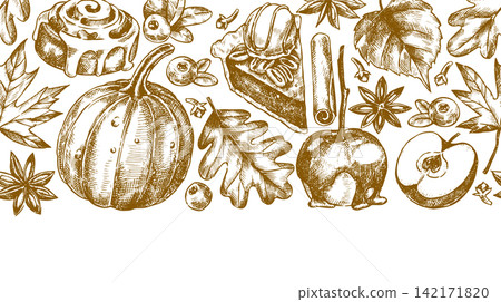 Vintage seamless Thanksgiving border. Sketch illustration of pumpkin, pie, and autumn leaves. 142171820