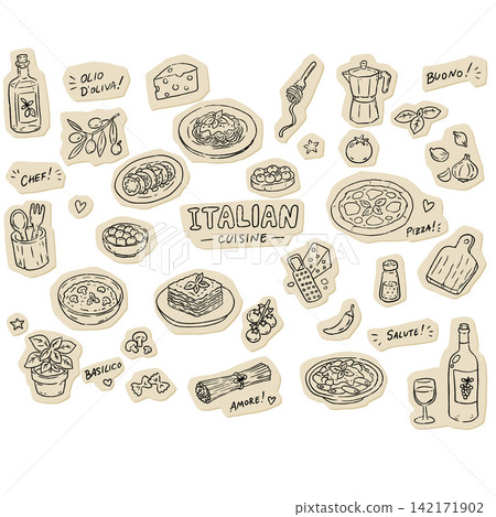 Italian cuisine sticker set, hand drawn doodle with pizza and pasta, risotto and lasagna, black line art on beige shapes. Olive oil and basil, tomato and garlic, moka pot. Italian food set Italian cuisine sticker set, hand drawn doodle with pizza and pasta, risotto and lasagna, black line art on beige shapes. Olive oil and basil, tomato and garlic, moka pot. Italian food set 142171902
