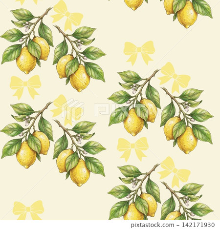 Vintage lemon branches and yellow bows seamless pattern background Vintage lemon branches and yellow bows seamless pattern background 142171930