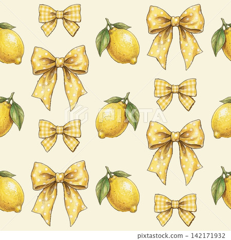 Vintage lemon and yellow ribbon bows seamless pattern background Vintage lemon and yellow ribbon bows seamless pattern background 142171932