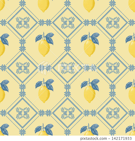 Mediterranean lemon and blue azulejo tile seamless pattern Mediterranean lemon and blue azulejo tile seamless pattern 142171933